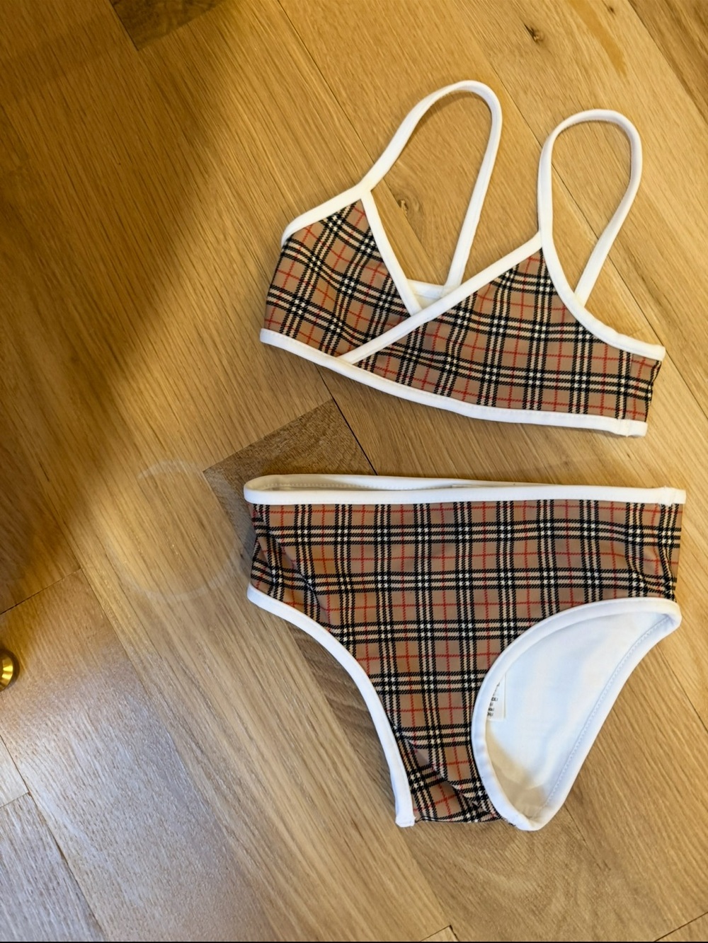 Burberry Beige Plaid Girls' Two-Piece Swim Set with White Trim